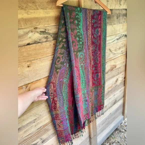 Sacred Threads fringe floral paisley multicolored shawl - Picture 2 of 13